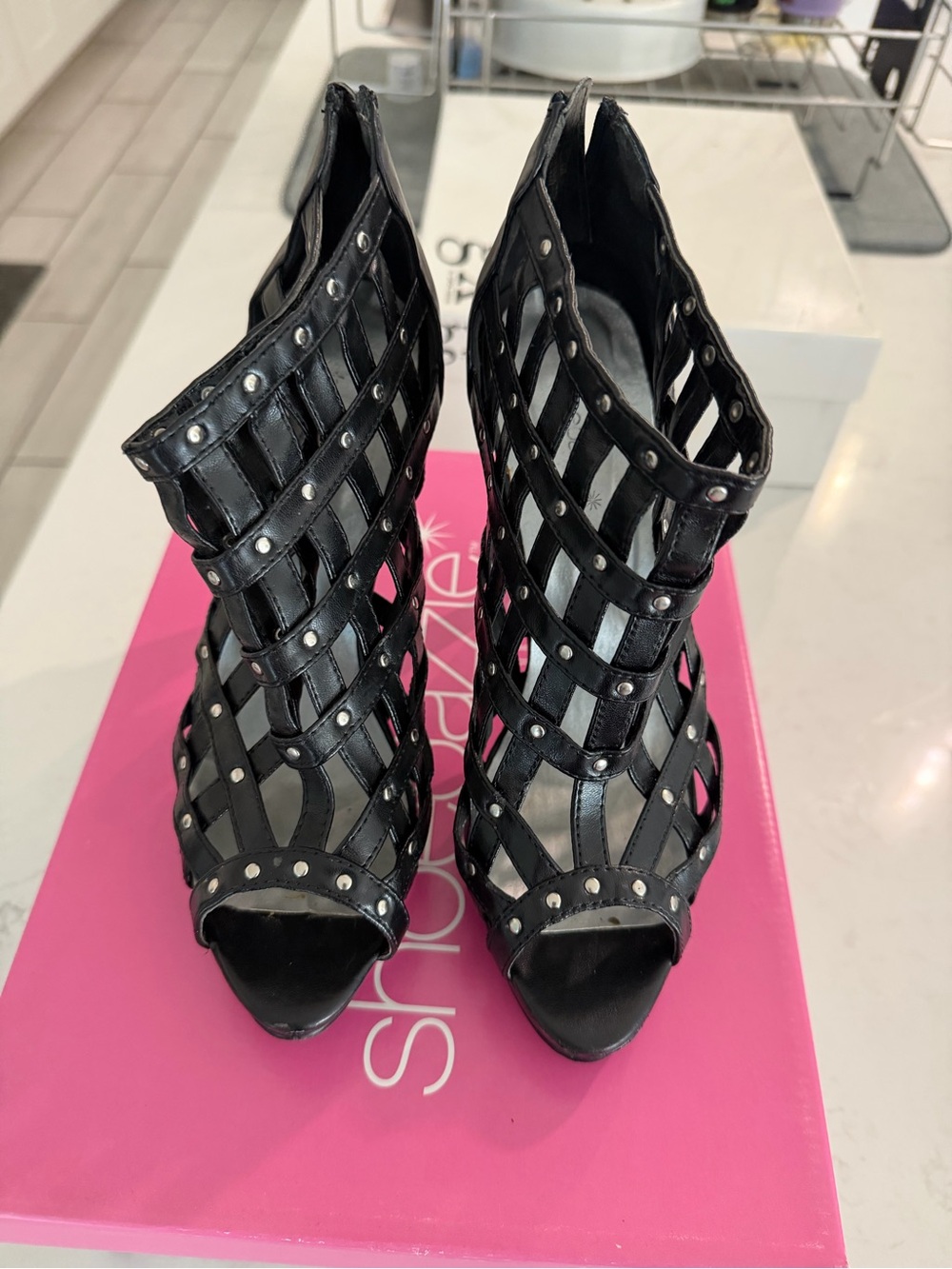 Shoe Dazzle Black Studded Cage High-Heel Sandals